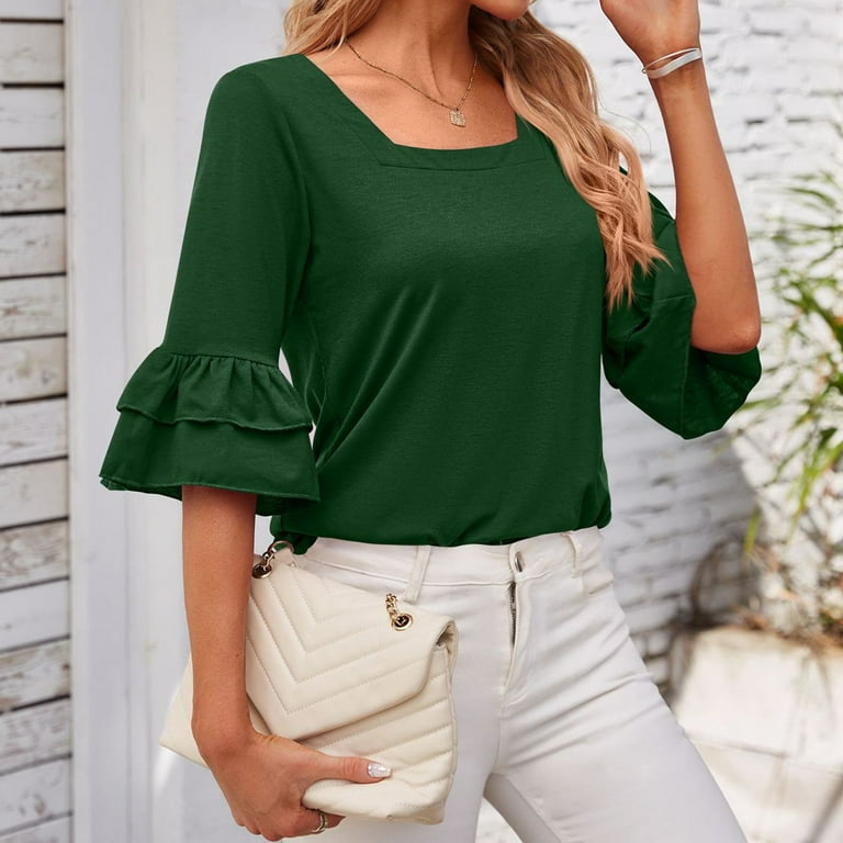 Ydkzymd Ruffle Blouse Women Elegant Square Neck Lycra Tee Tops 3/4 Sleeve  Pleated Shirts 2024 Trendy Tunics Green L