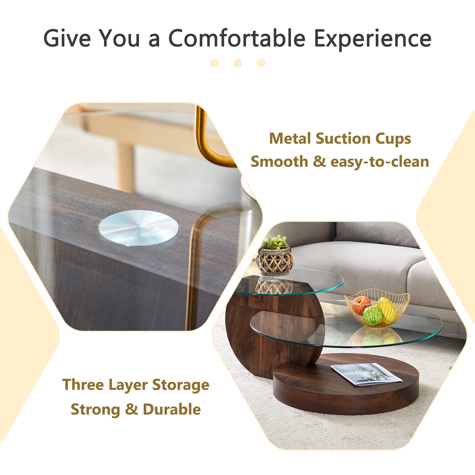 Vanress 42" Glass Coffee Table, Round Coffee Table, Modern Double Layer Round Glass Coffee Table for Living Room, Walnut