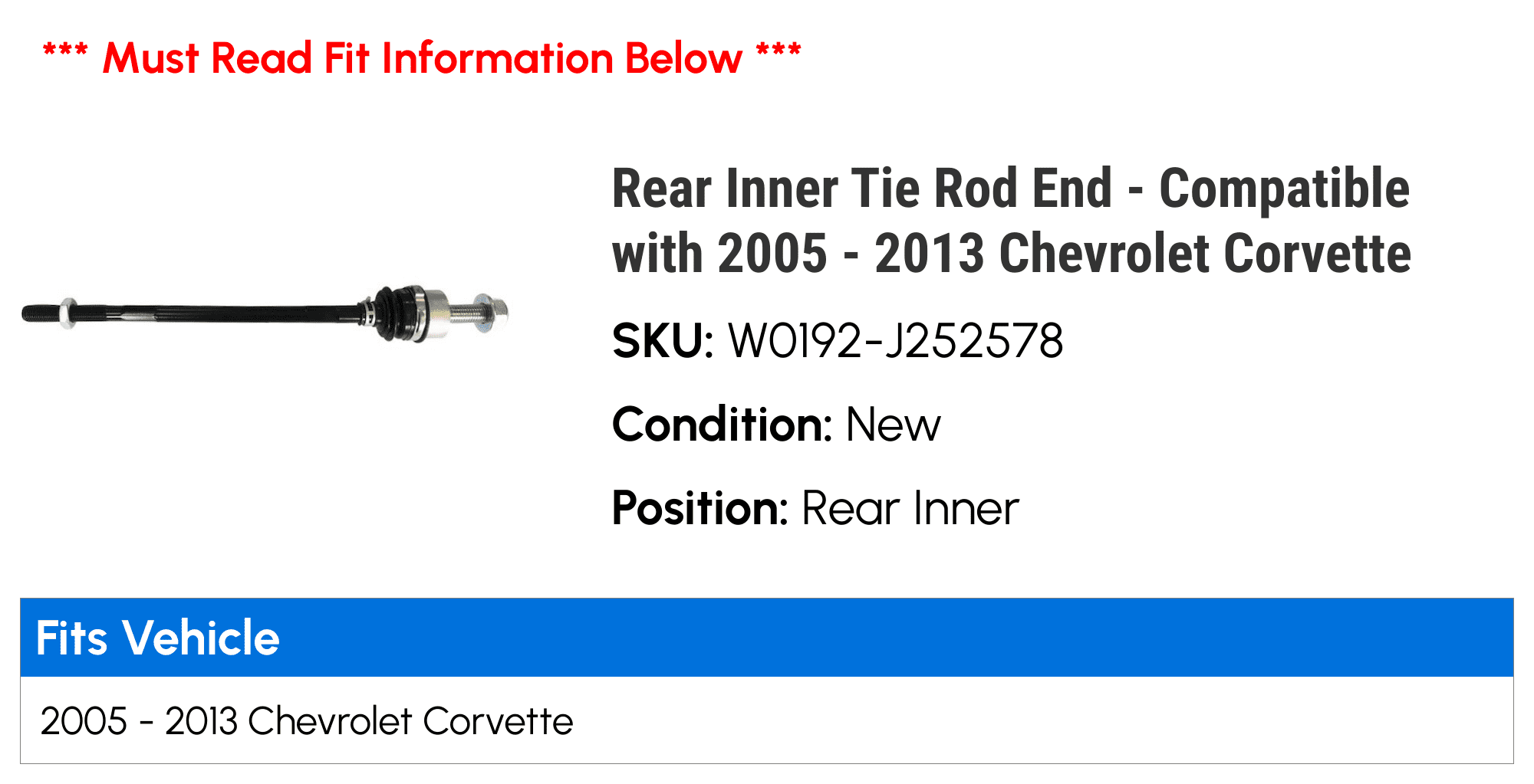 Rear Inner Tie Rod End - Compatible with 2005 - 2013 Chevy Corvette 2006 2007 2008 2009 2010 2011 2012