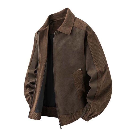 Ceisia Men Patchwork Suede Corduroy Collar Jacket Full Zip Long Sleeve Retro Casual Outerwear Coffee L Gift