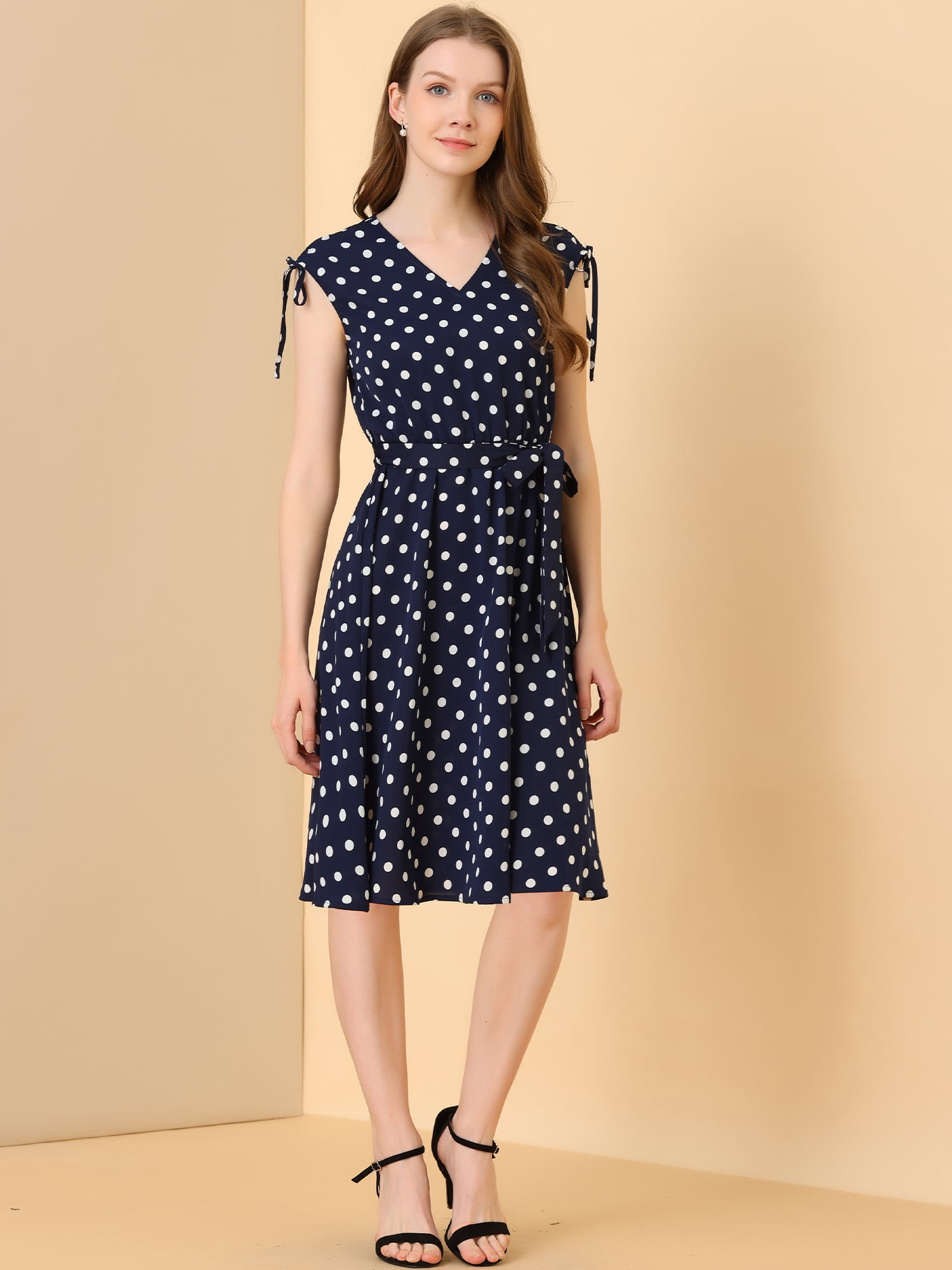 DARING DIVA Women's Polka Dots Vintage V Neck A-Line Sleeveless Midi Dress S Dark Blue