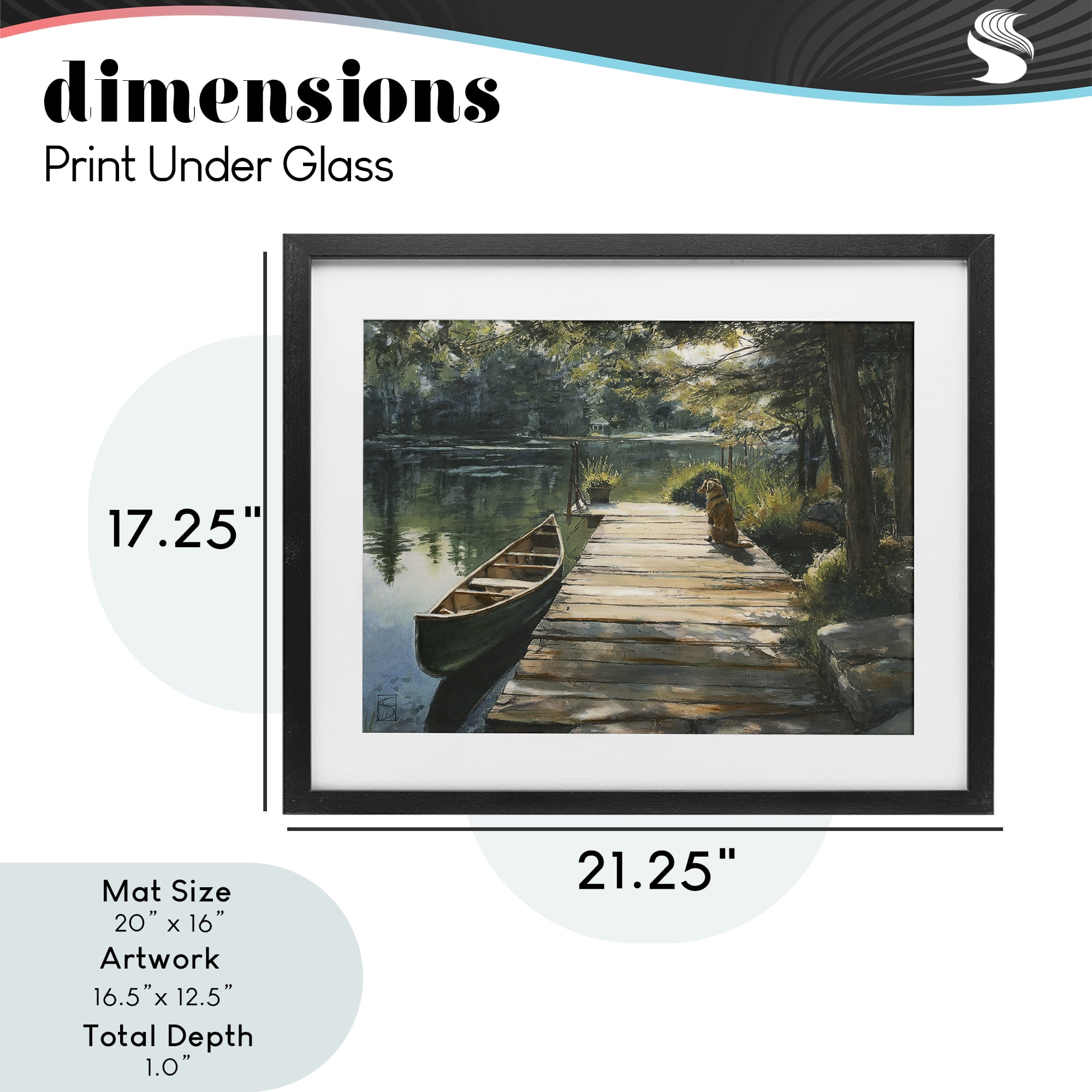 Lake Life Dog on Dock Black Framed Print Under Glass, design by Sara Culpepper
