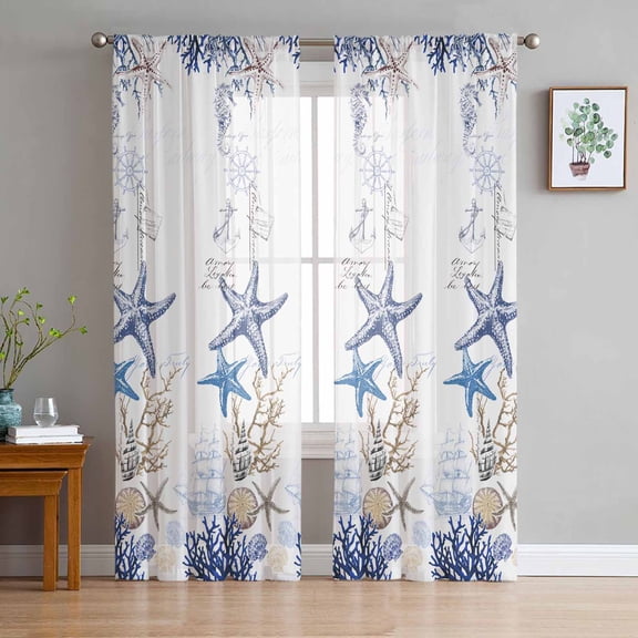 Starfish Sheer Curtains 72 Inch Length 2 Panels Set for Living Room/Bedroom, Blue Ocean Coastal Coral Shell Nautical Boat Curtain Sheers Drapes Rod Pocket Curtains Window Treatment Set 52''x72''x2