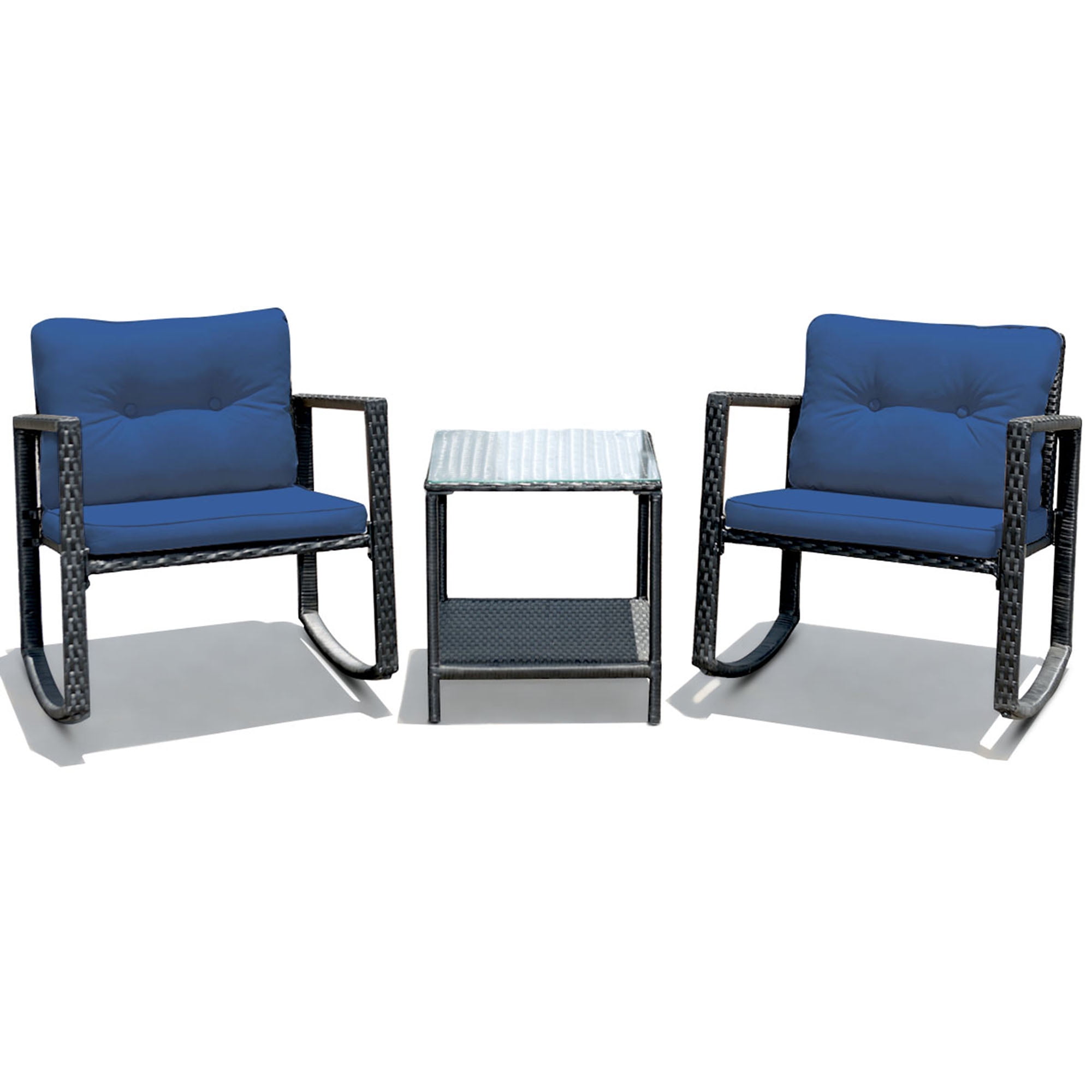 Gymax 3PCS Rattan Rocking Chair Table Set Patio Furniture Set w/ Navy Cushions