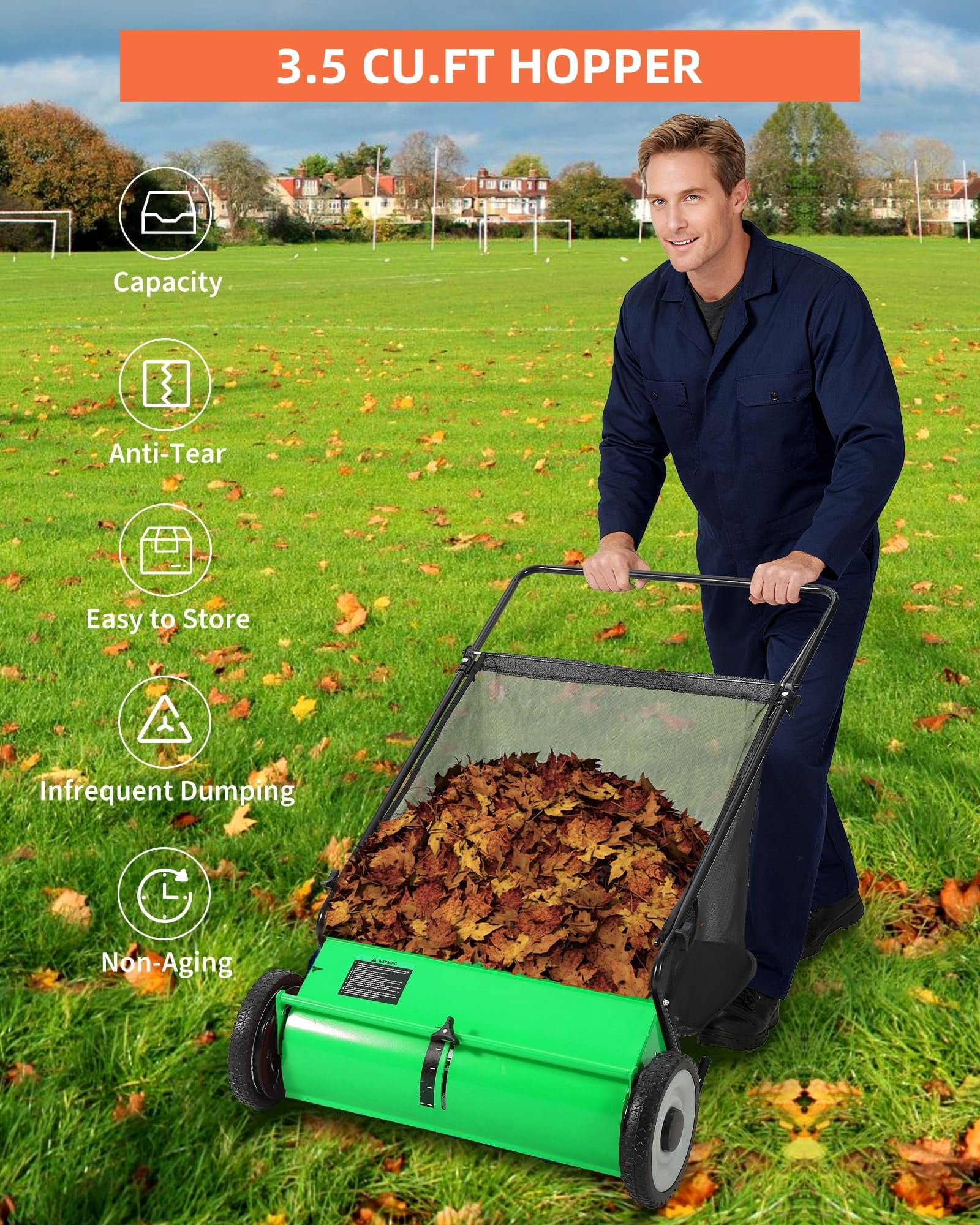 Green 21-Inch Push Lawn Sweeper, 3.5 Cu. Ft. Hopper Capacity Leaf & Grass Collector with 4 Spinning Brushes, Adjustable Height, for Grass Clippings, Leaves & Debris