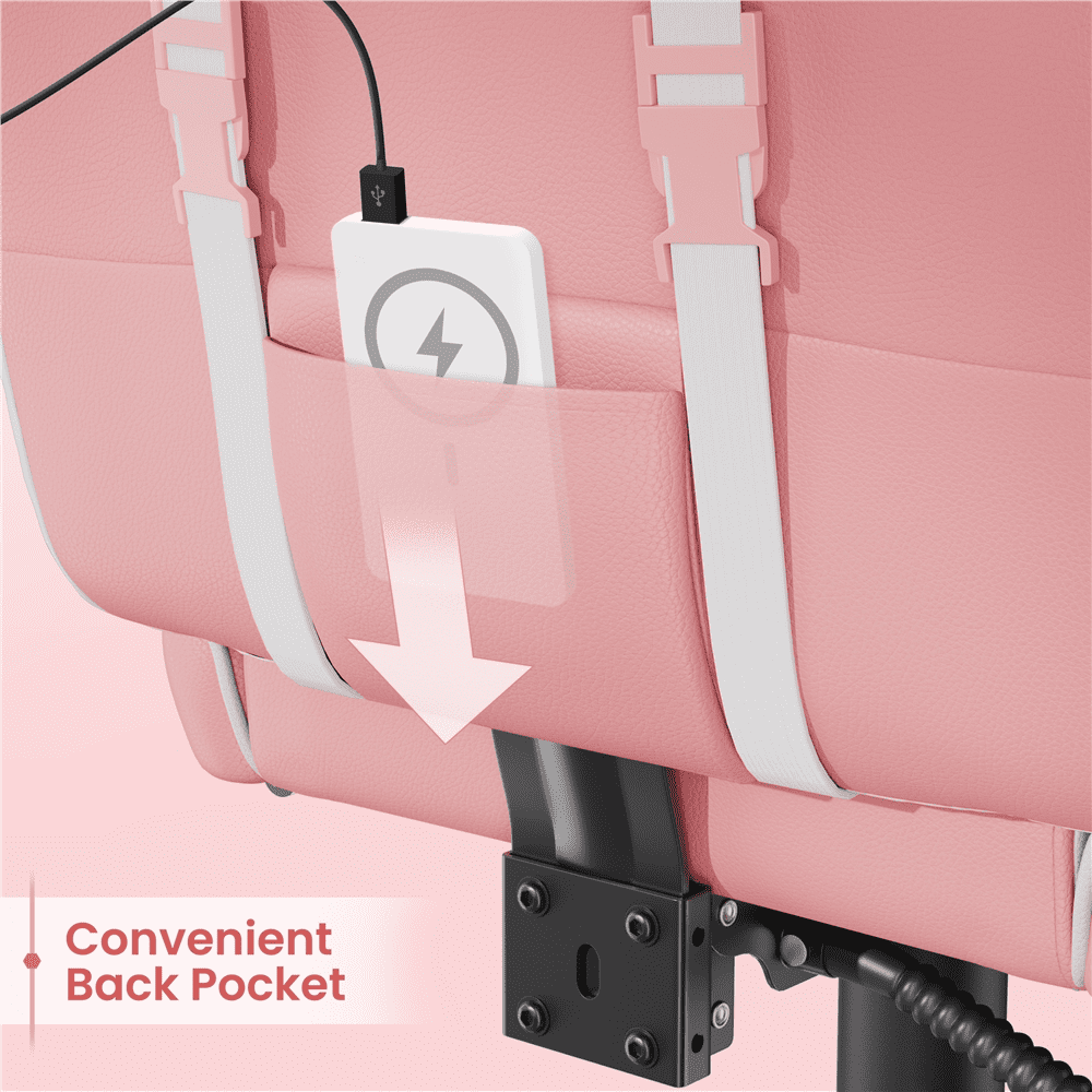Alden Design Ergonomic High Back Gaming Chair with Massage Lumbar Pillow, Pink/White