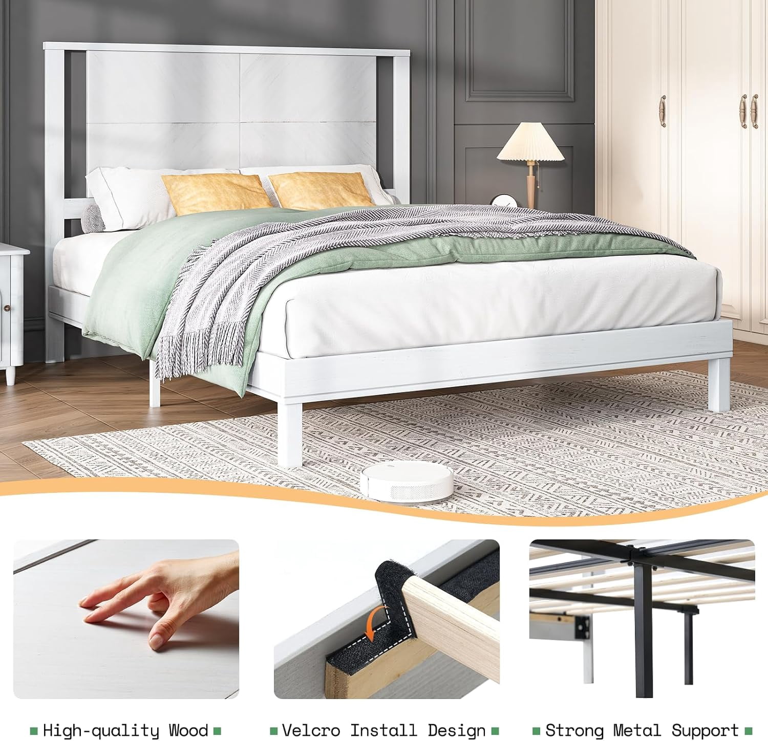 LUXOAK Solid Wood Queen Size Bed Frame with Easy Assembly & Storage Space, Antique White