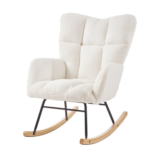 Glider Chair for Living Room, Tufted Upholstered Teddy Fabric Rocking Chair with Metal Frame, High Back Ergonomic Accent Chair, 300LB Capacity Ivory Comfort Chair for  Bedroom