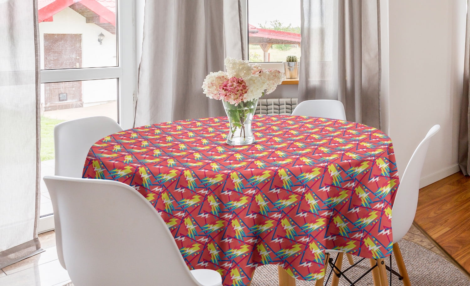Modern Round Tablecloth, Colorful Abstract Thunderstorm Motif in Retro