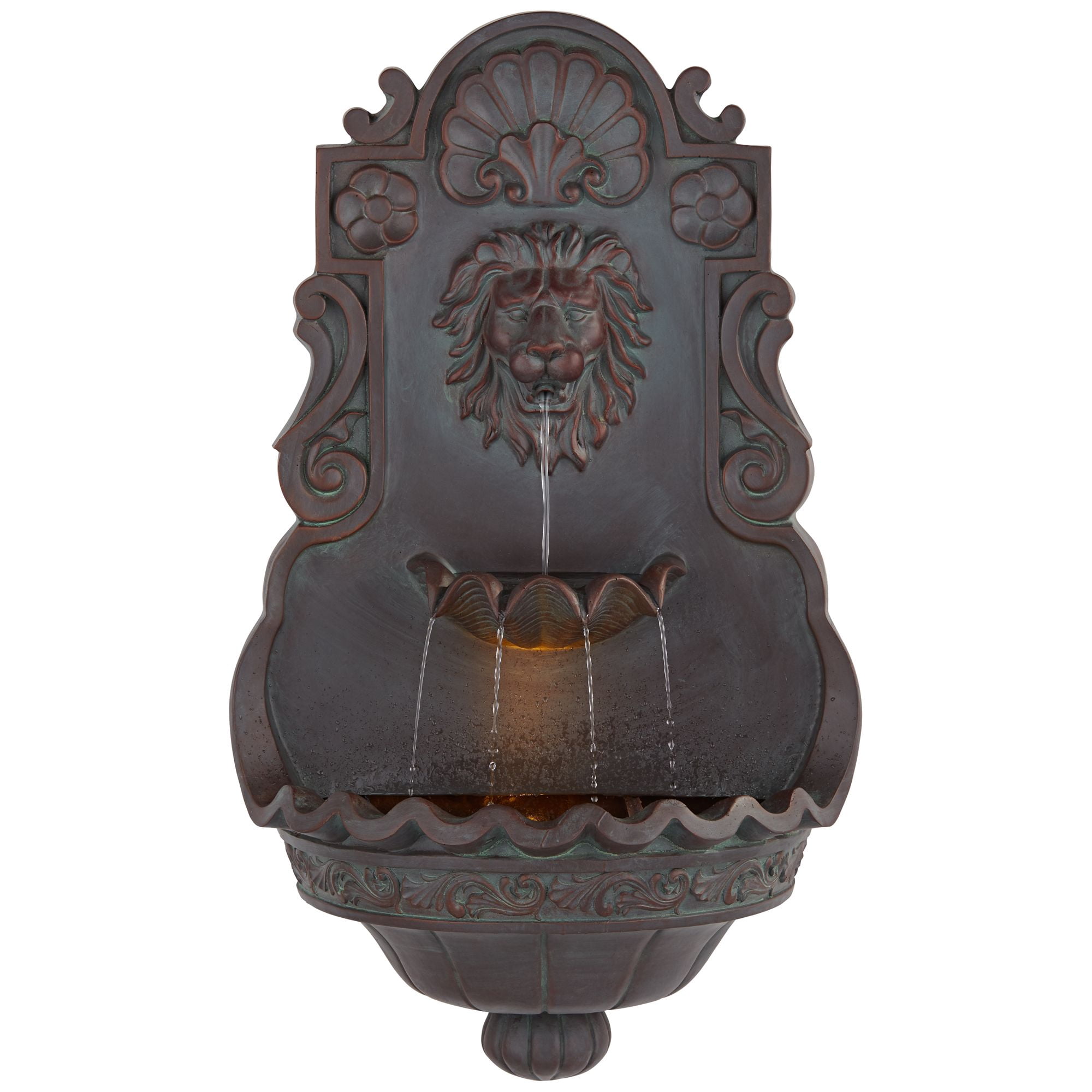 Royal Lion Head 31 1/2" High Large Rustic Indoor Outdoor Decor Bronze Wall Fountain with Light LED Outside