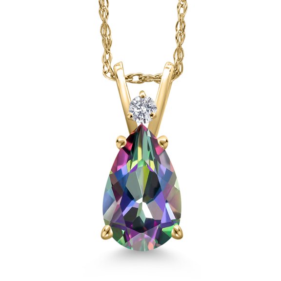 Gem Stone King 14K Yellow Gold Green Mystic Topaz and Lab Grown Diamond Pendant Necklace for Women | 2.54 Cttw | Gemstone November Birthstone | Pear Shape 10X7MM | With 18 inch Chain
