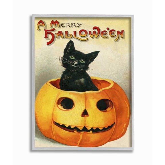 Stupell Industries A Merry Halloween Black Cat Pumpkin Seasonal Holiday Design Graphic Art Gray Framed Art Print Wall Art, 16x20, by Daphne Polselli