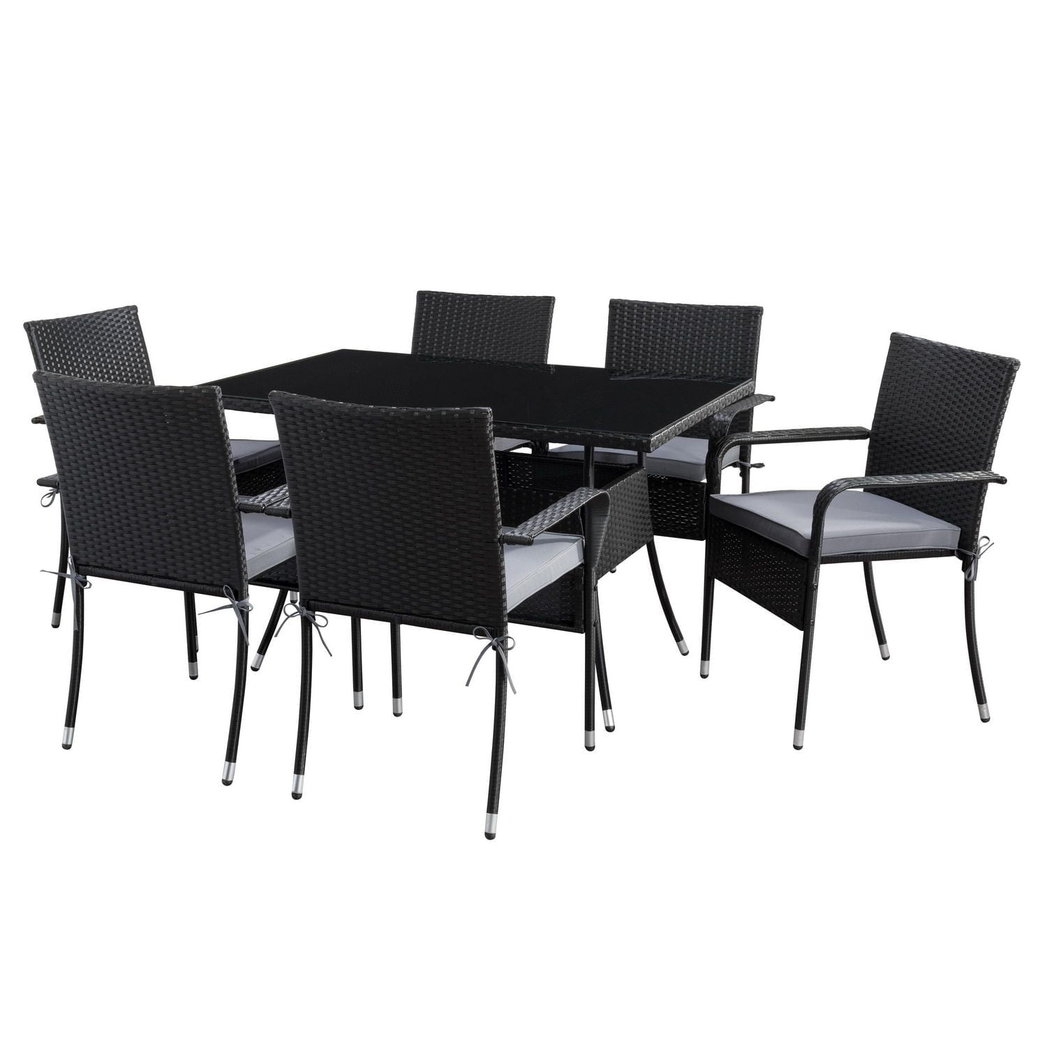 CorLiving Parksville 7-Piece Rectangle Resin Wicker Patio Dining Set- Stackable Chairs - Black Finish/Ash Grey Cushions