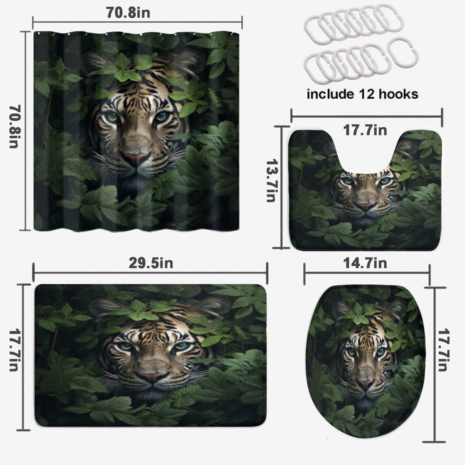 Tiger 4 Pcs Shower Curtain Set Wild Animal Tropical Rainforest Jungle Scenic Green Leaves Waterproof Fabric Cloth Bath Curtain, Non-Slip Bathroom Rugs Bath Mats, 72x72 Inch
