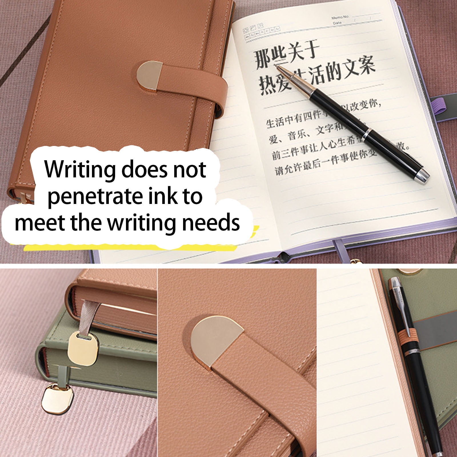 Professional PU Leather Notebook 300 Pages Lined Ribbon Bookmarks Button Closure Hardcover Journal for Writing