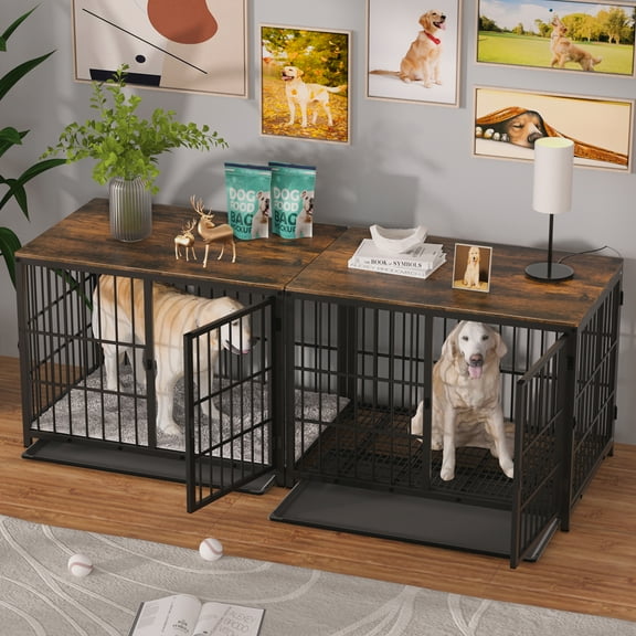 Bingopaw Triple Door Wooden Dog Crate Indoor, Black, Extra Large, Removable Tray, 42.32"L x 28.15"W x 31.89"H