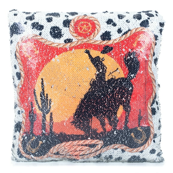 Western Cowboy Sequin Sunset Orange 14 x 14 Polyester Fabric Throw Pillow