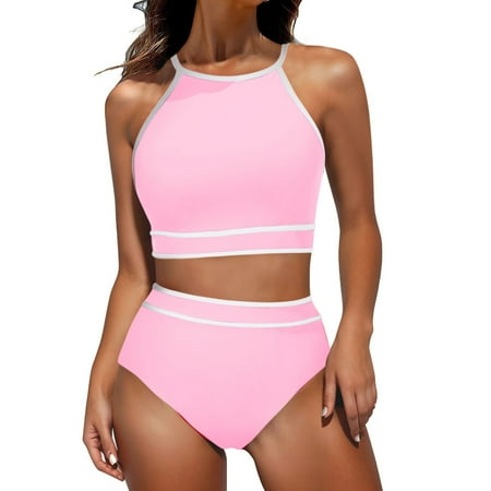 BUIgtTklOP Omen s High Waisted Bikini Sets Sporty Two Piece Swimsuits Color Block Cheeky High Cut Bathing Suits
