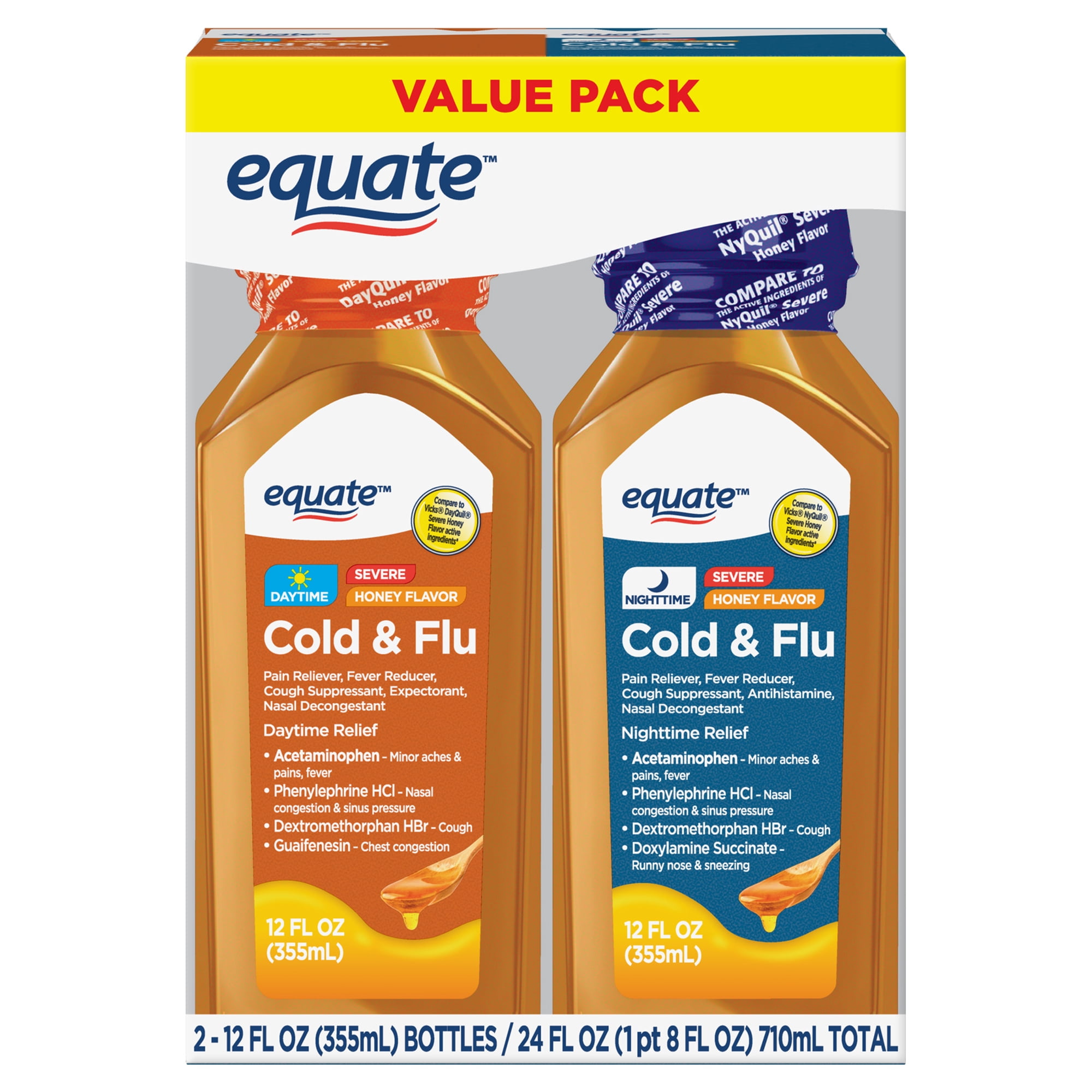 Equate Honey Flavor Daytime and Nighttime Severe Cold and Flu Relief, Liquid Medicine Combo Pack, 2-12 fl oz