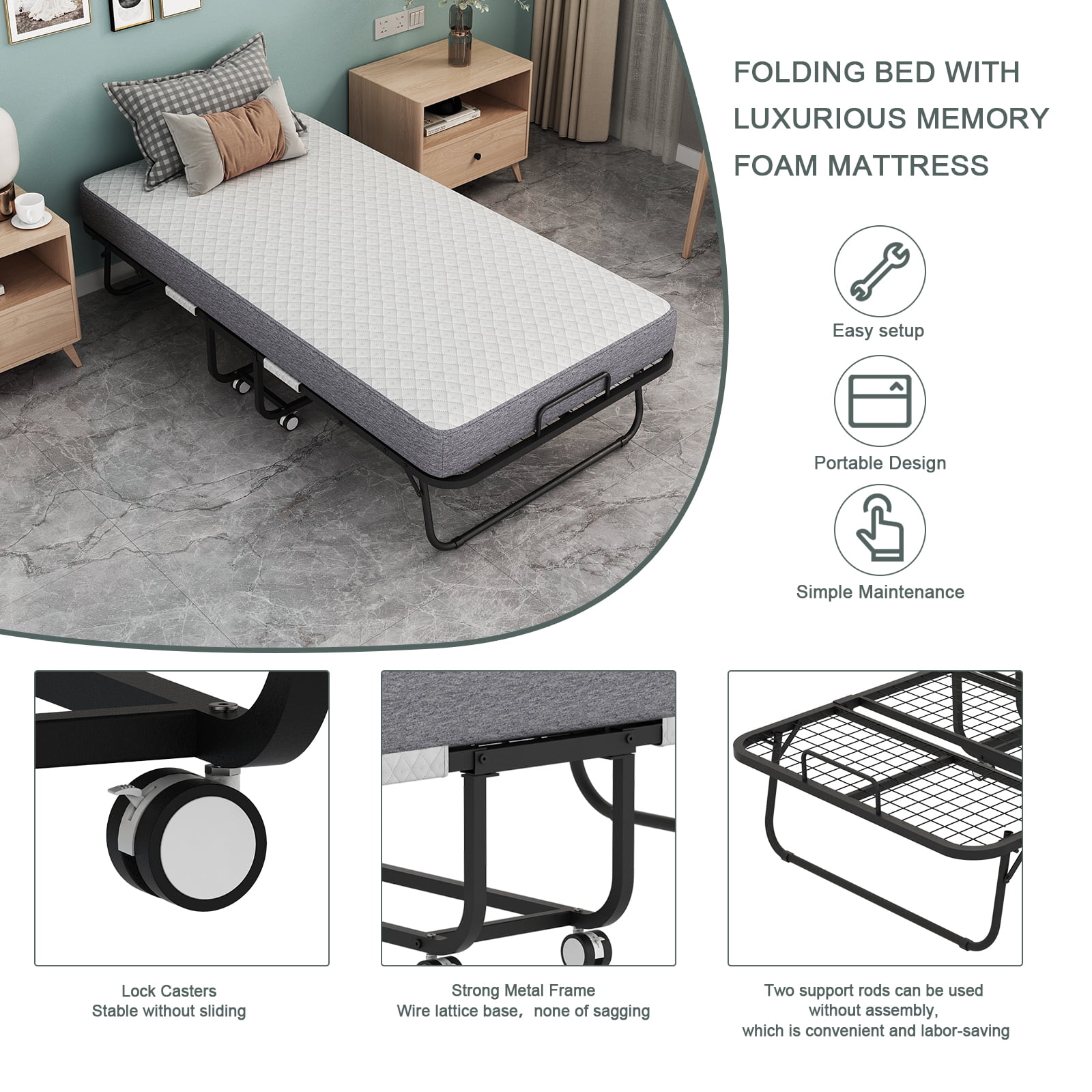 Folding Bed with Mattress 75" x 31" Cot Size Need Assembly Rollaway Guest Bed Portable Foldable Extra Bed for Adults Daybed with 5" Memory Foam Mattress Space-Saving Sturdy Metal Grid Frame