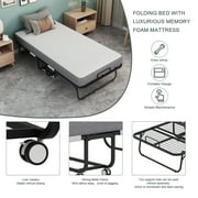 Folding Bed with Mattress 75 x 38 Twin Folded Bed, Rollaway Guest Bed Portable Foldable Extra Bed for Adults Daybed with 5 Memory Foam Mattress Space-Saving Sturdy Metal Grid Frame