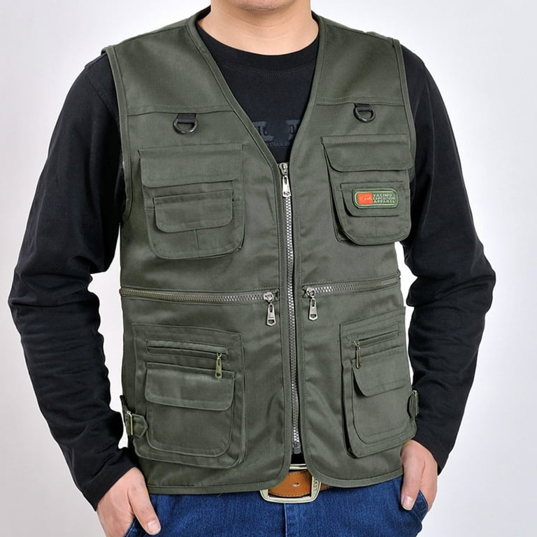 Aayomet Summer Tops Men's Casual Outdoor Work Fishing Travel Photo Cargo Vest  Jacket Multi Pockets,Green X-Large 