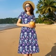 thumbnail image 4 of Gukieu Skull Purple Flower Print Women's Short Sleeve Dress, Elastic Waistband A-line with Pockets Summer Dress, Suitable for Daily Leisure, Work, Vacation, 4 of 6