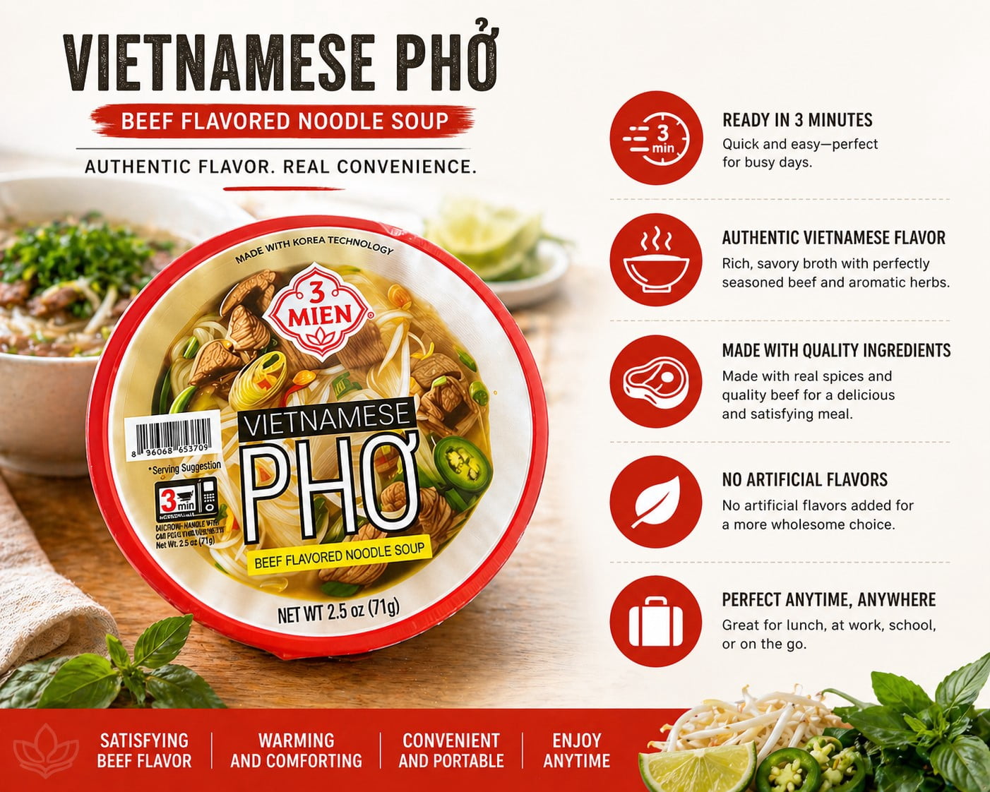 3 Mien Vietnamese Pho Beef Flavored Noodle Soup Bowls, 2.5 oz Each, 4 Pack Instant Microwave Rice Noodles