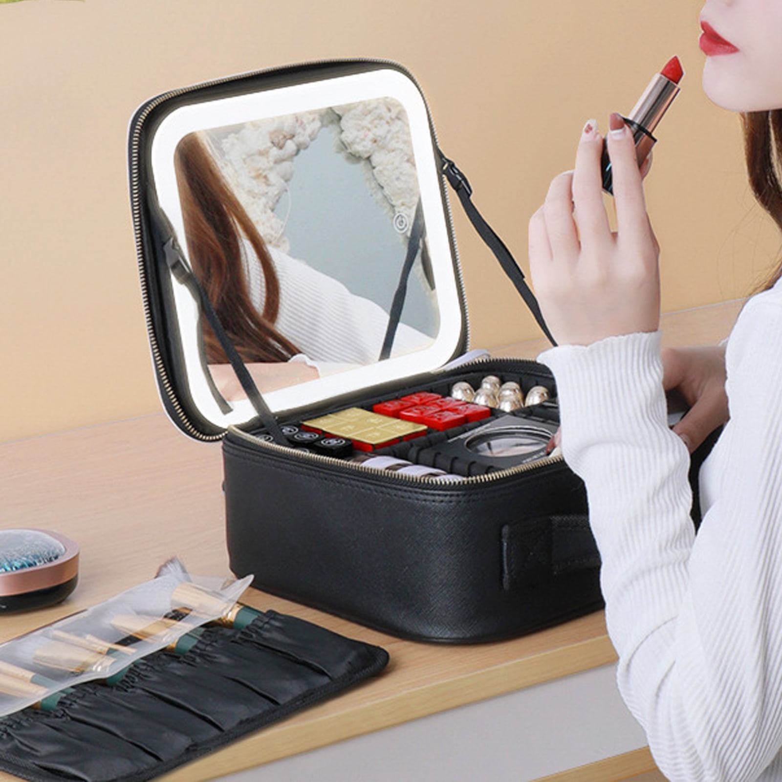Makeup Bag with Mirror of LED Lighted, Makeup Train Case with Adjustable  Dividers, Makeup Case with Mirror