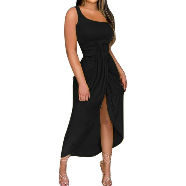 BLVB Plus Size Summer Cocktail Dresses for Women Off the Shoulder Ruched Long Dress Split Party Club Beach Sundress