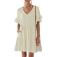 thumbnail image 2 of Women's Casual Summer Dress Cute V-Neck Short Sleeve Ruffle Tiered Dress Solid Baggy A Line Swing Mini Dress with Pocket (X-Large, Khaki), 2 of 8