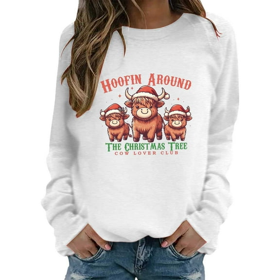 Fiaer Christmas Western Ranch Sweatshirts for Women Cute Cow Graphic Pullover Crew Neck Loose Fit Plus Size Tops White1 XL