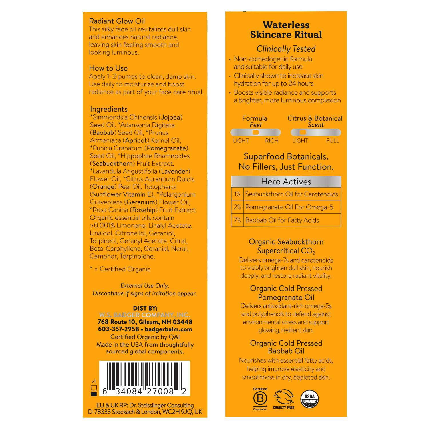 Badger - Face Oil, Seabuckthorn, Certified Organic, Seabuckthorn Oil, Organic Face Oil, Moisturizing Facial Oil, Natural Face Oil, 1 oz Glass Bottle