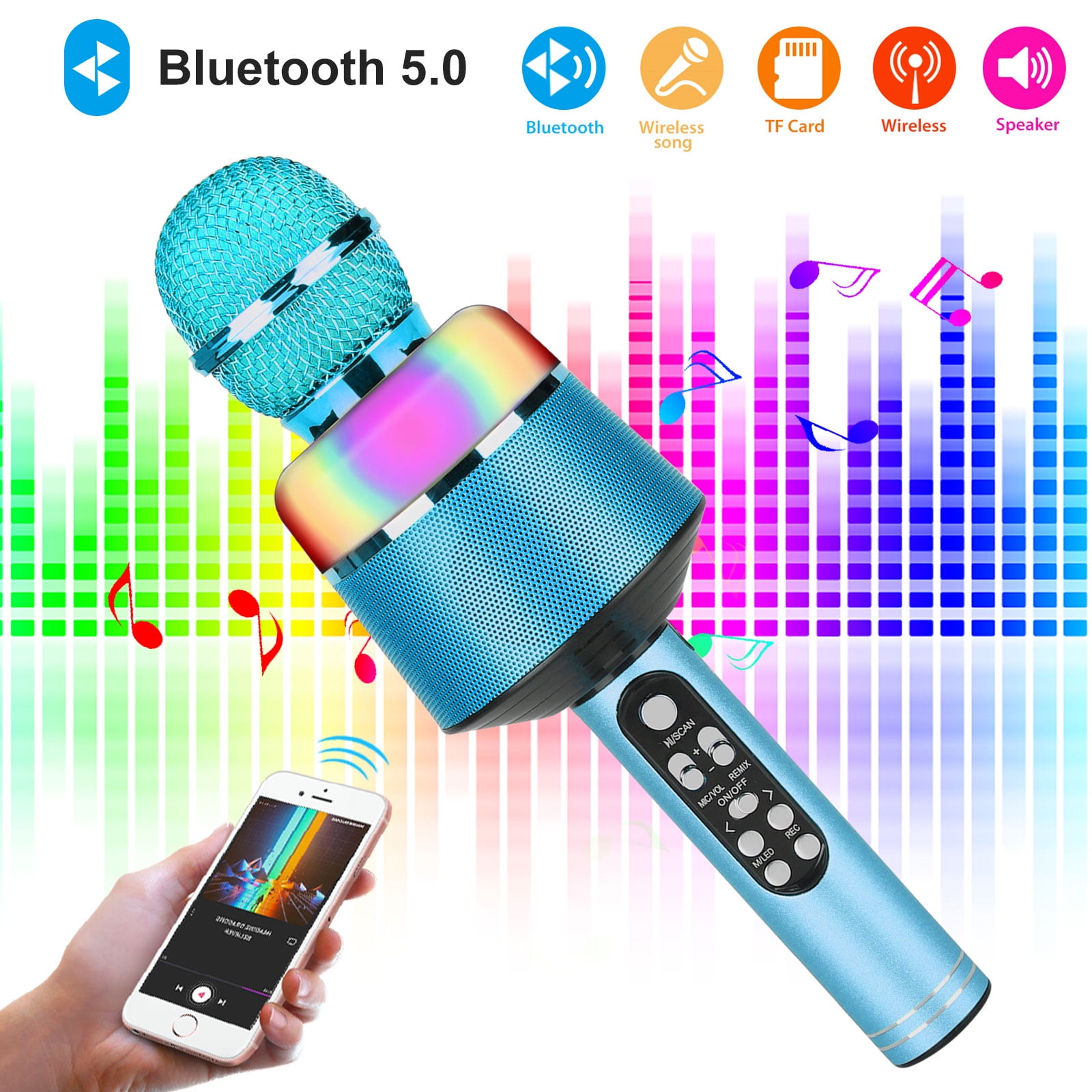 Family Party Karaoke Speaker 4-in-1 Portable Handheld Wireless Bluetooth Microphone,with Double Singing,Controllable LED Lights Bluetooth Karaoke Wireless Microphone 