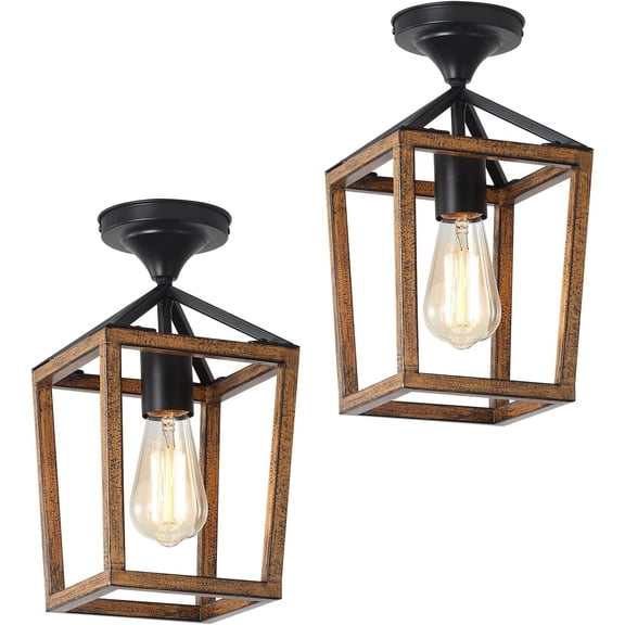 KEESFU 2-Pack Farmhouse Semi Flush Mount Ceiling Light, Faux Wood Grain Metal Cage Light Fixture with E26 Base for Hallway Entryway Kitchen Porch