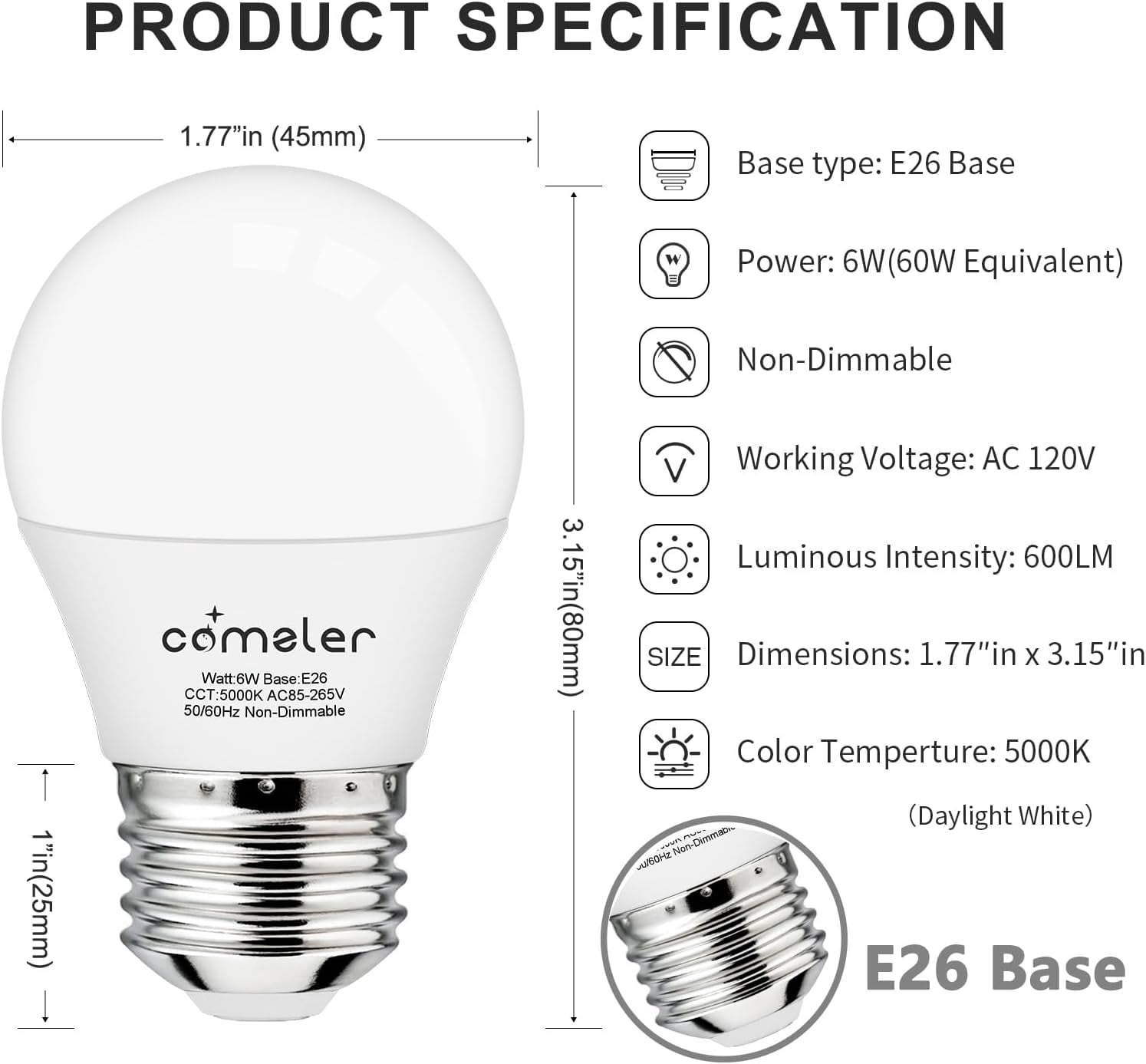 SHAANXIXIAN 6W A15 LED Bulb Daylight 60 Watt Equivalent, E26 Medium Screw Base Small Light Bulb Cool White 5000K, Home Lighting Decorative Ceiling Fan Light Bulbs Non-Dimmable(Pack of 6)