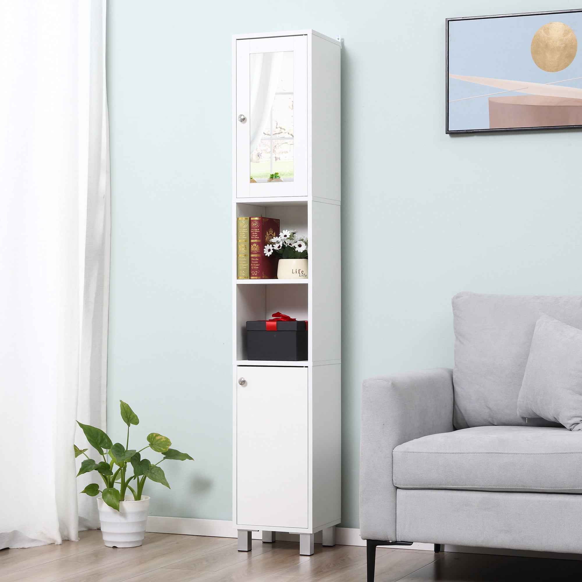 HOQBN Tall Bathroom Storage Cabinet with Mirror, Wooden Freestanding Tower Cabinet with Adjustable Shelves for Bathroom, Living Room White