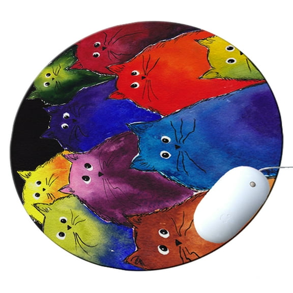 KuzmarK Round Mousepad / Hot Pad / Trivet - Very Colorful Two-Toned Silly Maine Coon Kitties Black Background  Art by Denise Every