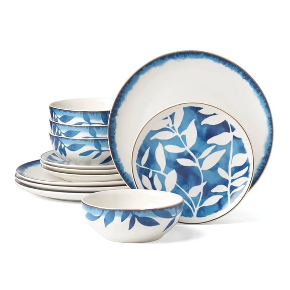 Oneida Aura 12-Piece Blue Dishwasher Safe Porcelain Dinnerware Set with Dinner Plates, Accent Plates and All-Purpose Bowls (Service for 4)