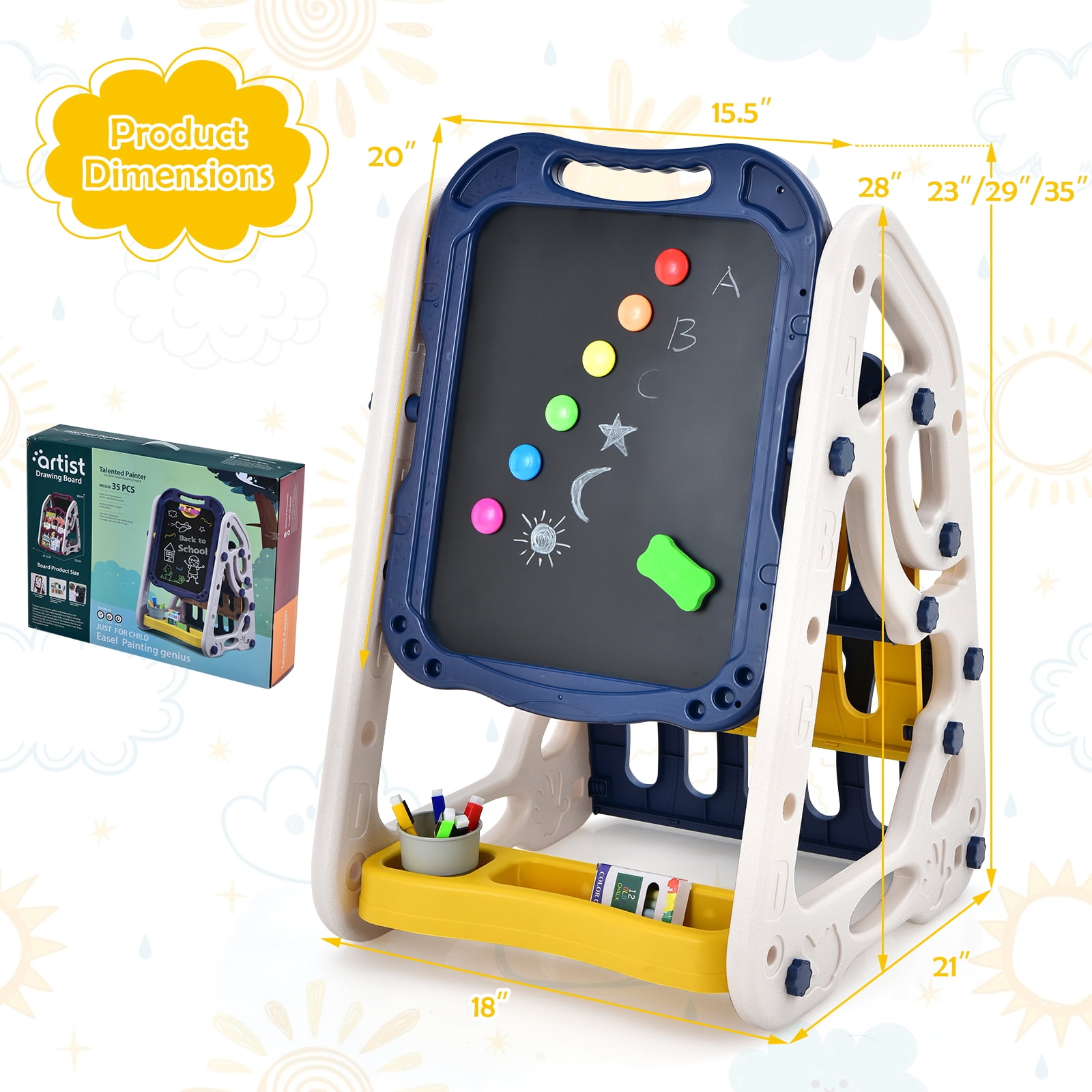 Topbuy 3-in-1 Height Adjustable Kids Art Easel Double Sided Magnetic Whiteboard & Chalkboard with Book Rack Blue