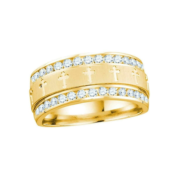 14k Yellow Gold Mens Round Diamond Grecco Christian Cross Wedding