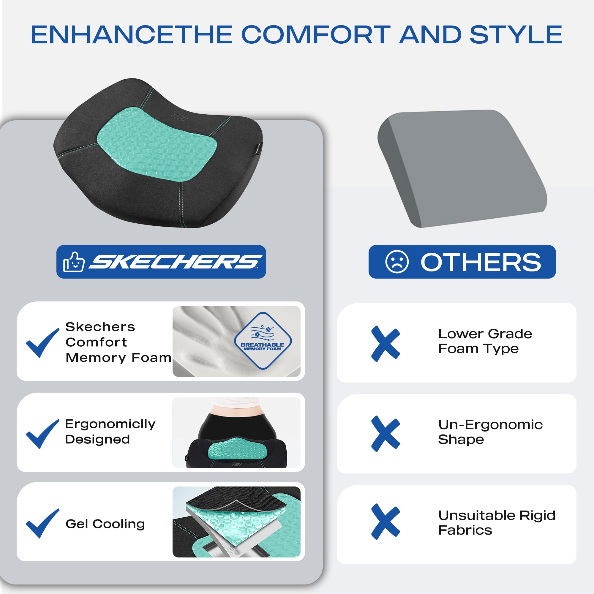 Skechers 1 Piece Gel Cooling Memory Foam Car Seat Cushion Teal - Universal Fit