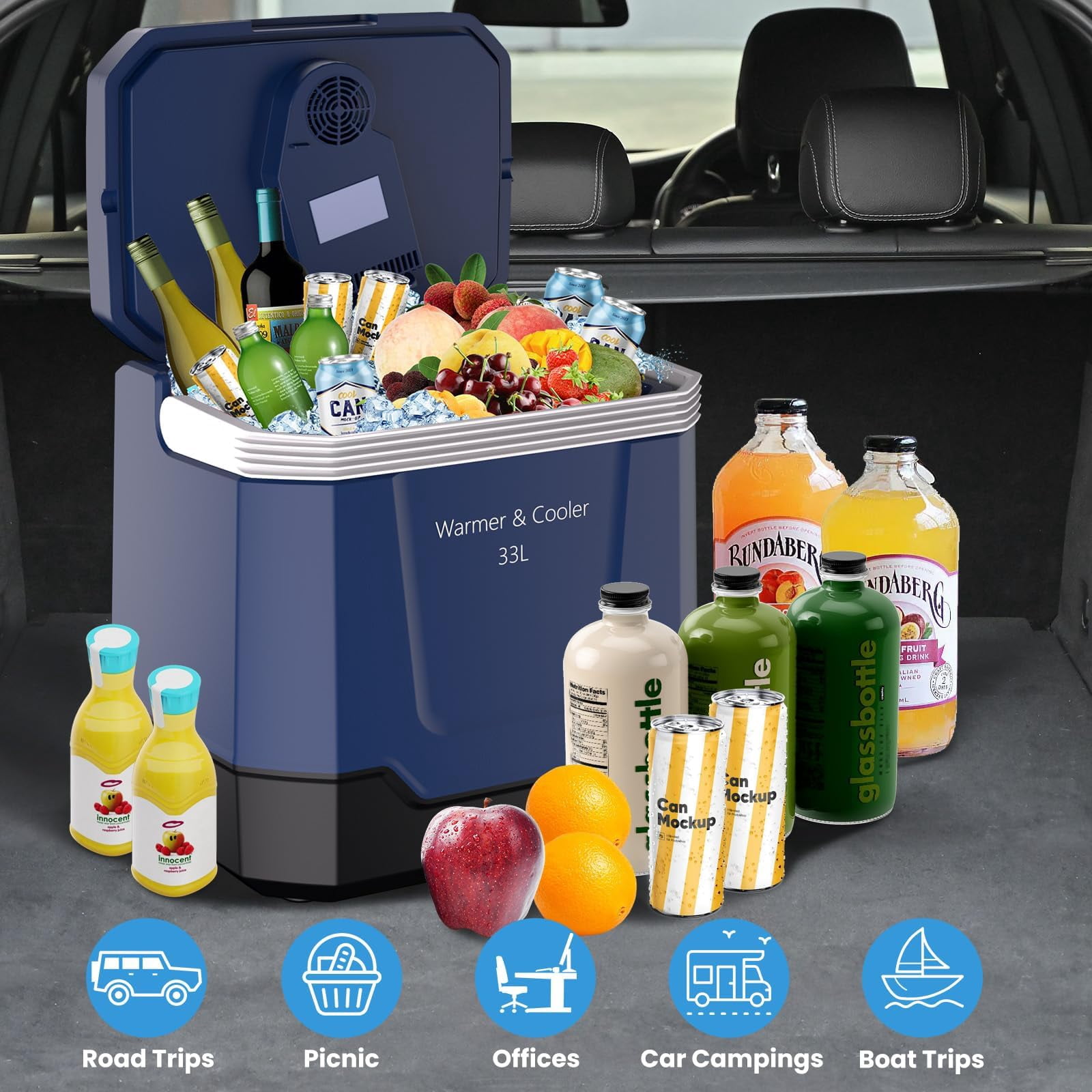 QinaQin 35 Quart (33 L) Electric Cooler & Warmer, Portable Car Refrigerator with Automatic Locking Handle, 12V Car Freezer for Vehicle with 110V AC Home Power Cord, Plug in Coolers