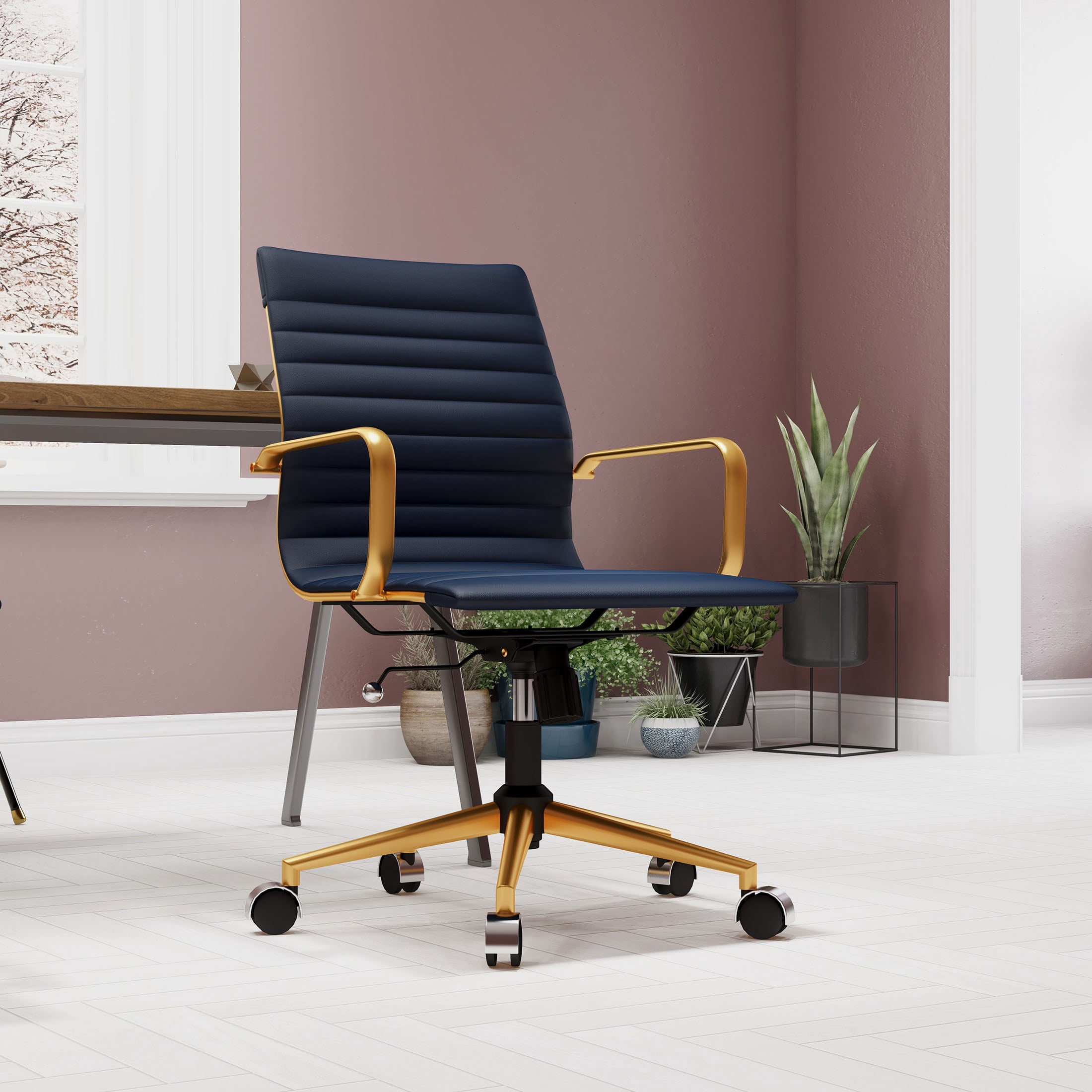 LUXMOD® Mid Back Gold Office Chair in Blue Leather, Adjustable Swivel Chair in Durable Vegan Leather, Ergonomic Desk Chair for Extra Back & Lumbar Support, Modern Executive Chair