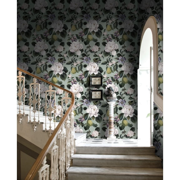 Aqua Pear & Blossom Elegance Print Non Woven Non-Pasted Textured Wallpaper 57 Sq. Ft.