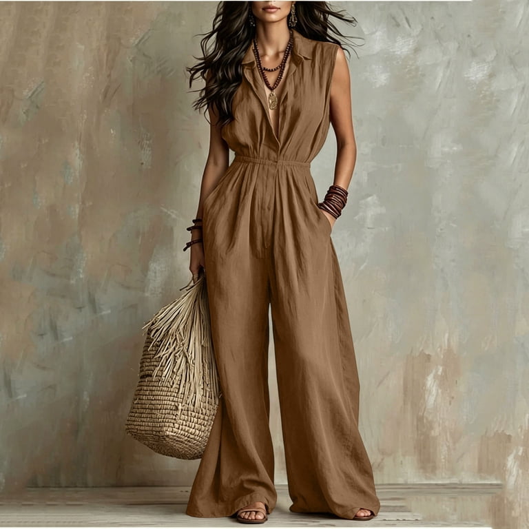 boho jumpsuit dress LYEAA for Women V Neck Sleeveless Rompers Elastic Waist One Piece Flowy Outfits Vacation Clothes black long sleeve homecoming Double Monkstrap Color:#58-White this flowy jumpsuit features
