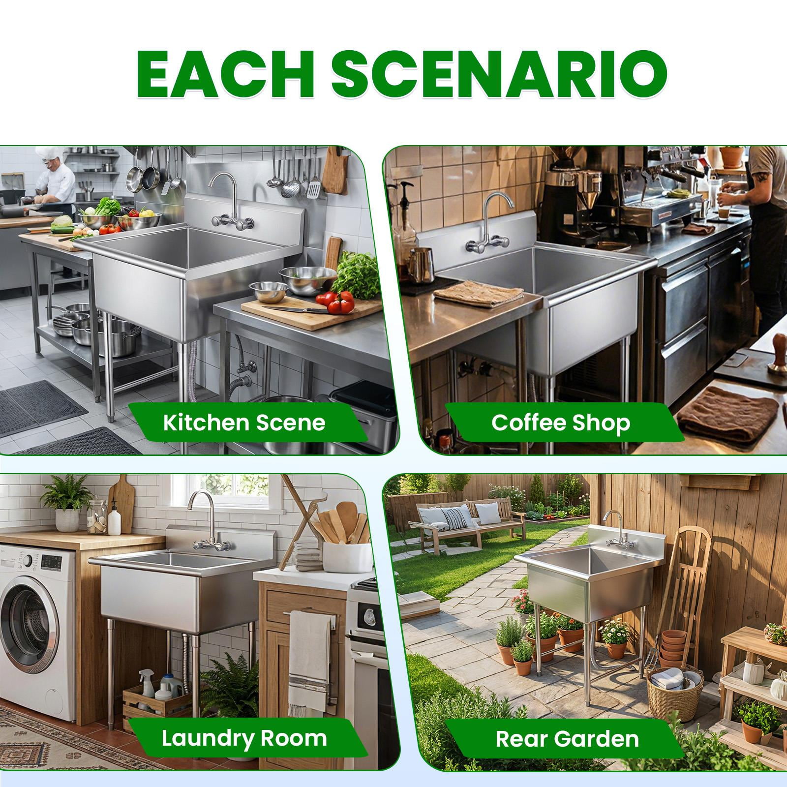 27 Inch Stainless Steel Freestanding Single Bowl, Kitchen Utility Sink Washing Hand Basin Utility Sink Laundry Sink Cleaning Sink with 360°Rotate Faucet for Kitchen, Outdoor & Restaurant
