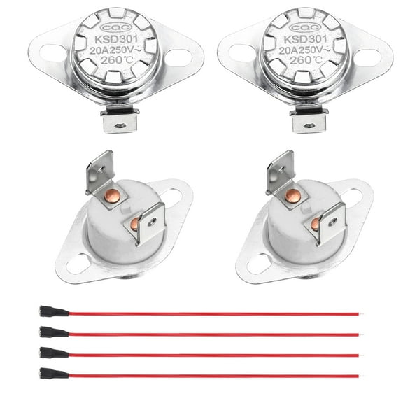 2 Pcs KSD301 Thermostat 260°C/500°F 20A Normally Closed N.C Adjust Snap Disc Temperature Switch with Terminal Wire for Microwaves,Oven,Coffee Maker