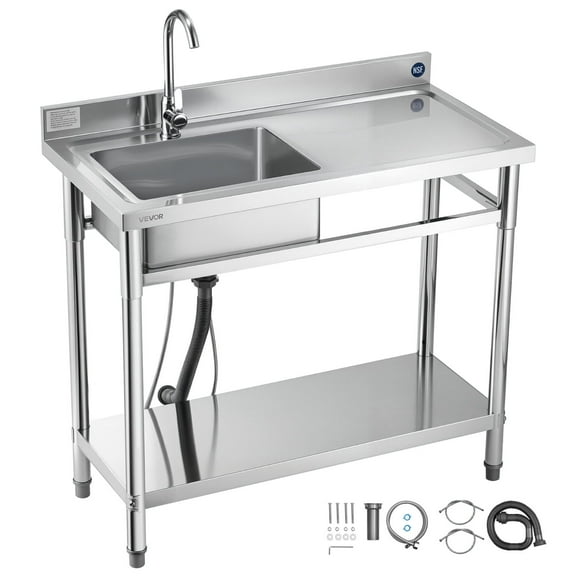 VEVOR Stainless Steel Utility Sink, Free Standing Single Bowl Commercial Kitchen Sink with Faucet, 39.4 x 19.7 x 37 in, Utility Right Basin with Hot & Cold Water Pipe for Garage, Restaurant, Laundry