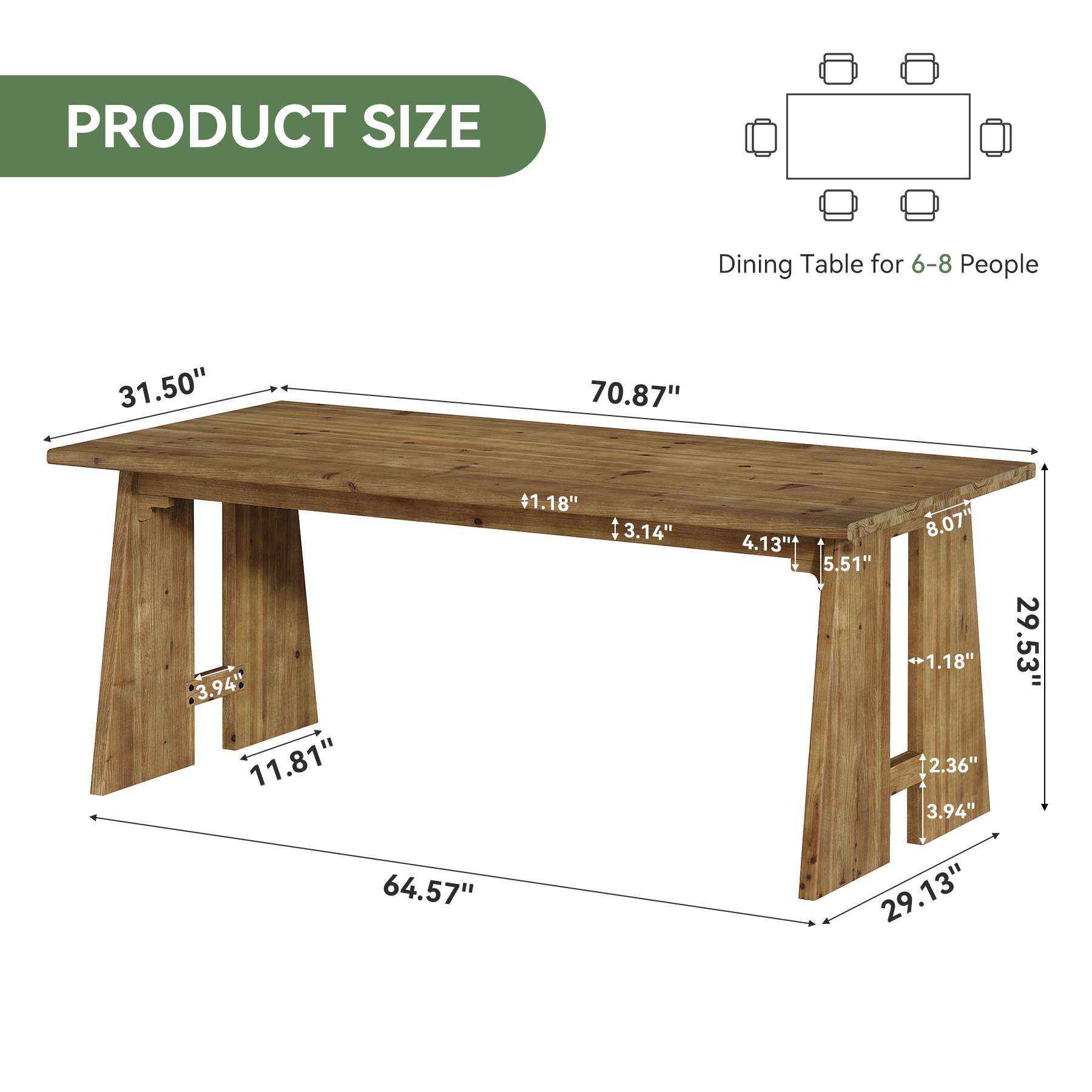 Finmind 70.87" Solid Wood Dining Table for 6-8, Farmhouse Kitchen Table with Sturdy Legs, Rectangle Dinner Furniture for Kitchen, Living Room, Brown